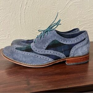 Cole Haan Men’s 10 Williams Plaid Wingtip Oxford Shoes Blue Leather Suede